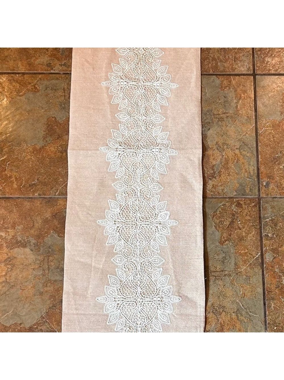 Pier 1 Table Runner Taupe White Lace Applique 13x64 No Flaws